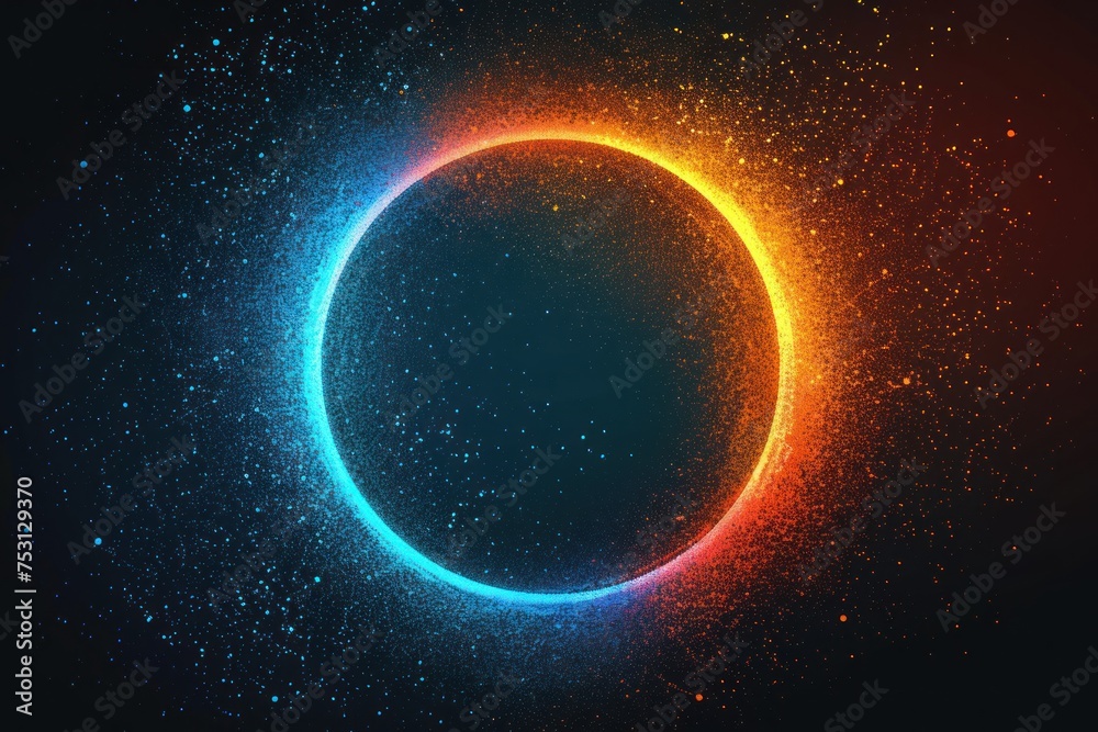 Abstract grainy background glowing color gradient blue orange red vibrant circle ring frame noise texture black