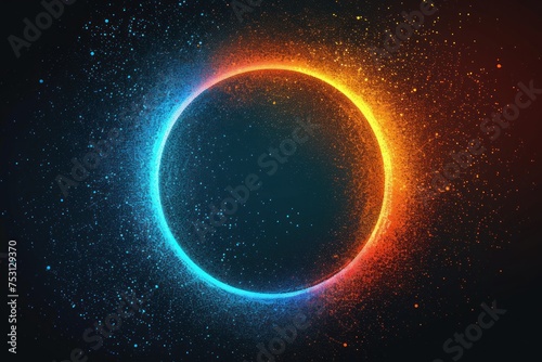 Abstract grainy background glowing color gradient blue orange red vibrant circle ring frame noise texture black