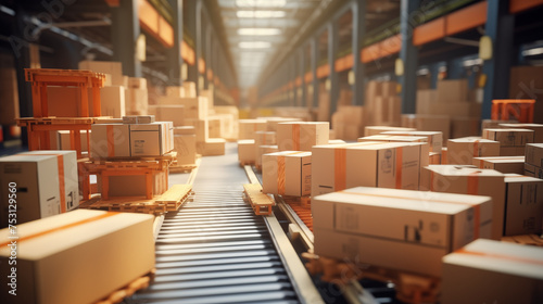 Shipping Boxes And Packages On A Conveyor Belt In A Large Automated Distribution Center - Shipping and Logistics Concept