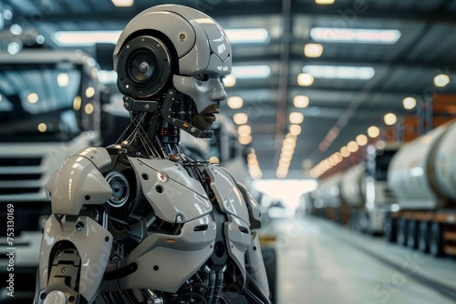 A modern robot is positioned in front of a truck inside a busy warehouse.