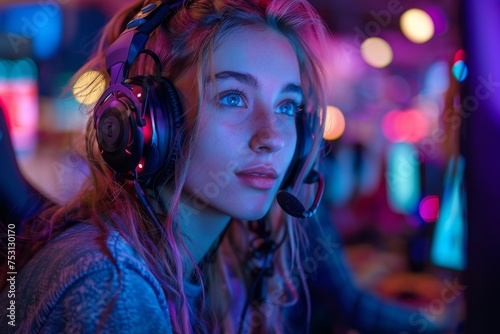 A young woman with headphones is intensely focused on her gaming session amidst vibrant neon lighting