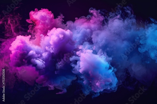 Neon blue and purple multicolored smoke puff cloud design elements on a dark background © Ольга Лукьяненко