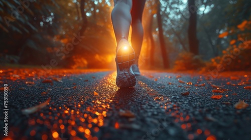 Close focus high feet of runner. high running. run at green park. morning sunrise. realistic, impressive.