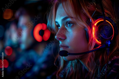A gamer's profile captured against a blur of neon lights, with colorful headphones being the centerpiece