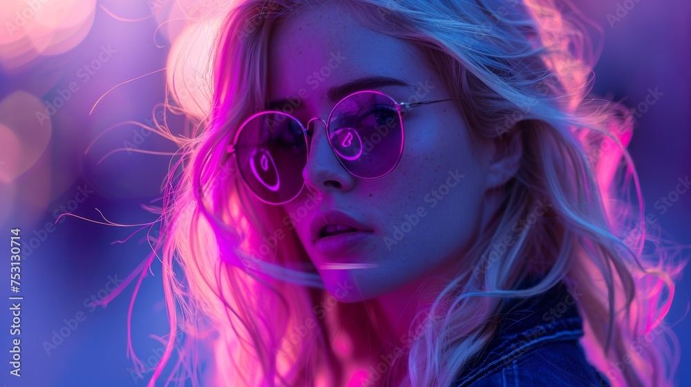 Blonde Under Purple Neon Light Blue Background
