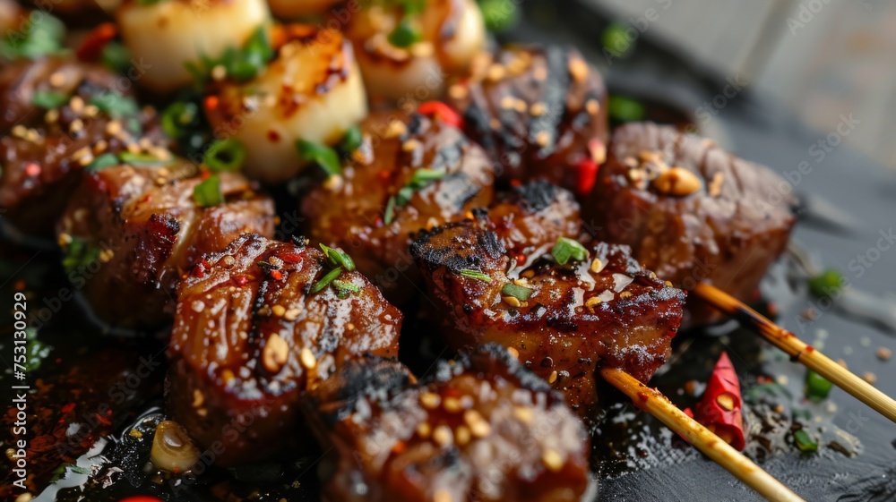 Tasty grilled skewers with beef and scallops - Grilled skewers with juicy beef and scallops, sprinkled with spices and herbs on a dark background
