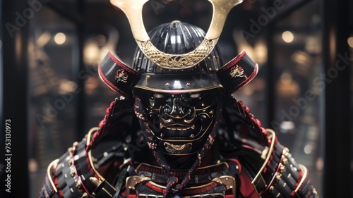 Traditional Japanese samurai armor - Authentic close-up of a samurai helmet and mask displayed in pristine condition