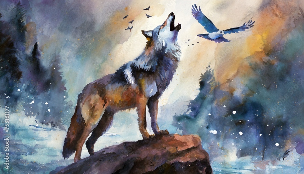wolf in winter forest - obrazy, fototapety, plakaty 