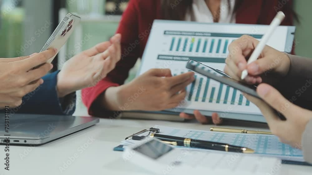 Business team collaboration discussing working analyzing with financial data and marketing growth report graph in team, presentation and brainstorming to strategy planning making profit of company.
