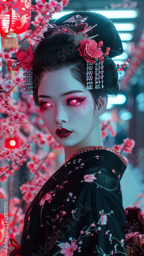 Neo-noir geisha: porcelain skin, expressive eyes, cyber enhancements  blend of tradition and futurism.generative ai © LomaPari2021