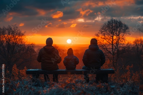 Bundled up against the cold  a family sits peacefully watching the sun set on a crisp winter evening