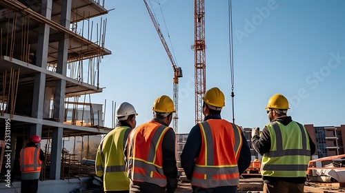 Construction workers wearing hard hats and safety vests