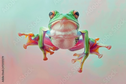 A vibrant frog jumping and showing its colorful body, with pastel background.