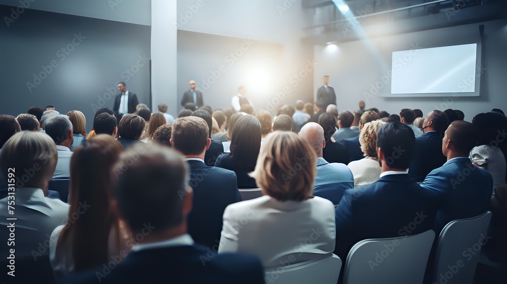 A group of people are sitting in a conference room listening