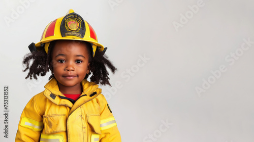 a studio portrait picture of little black girl dressed up as a firefighter isolated on white background 
