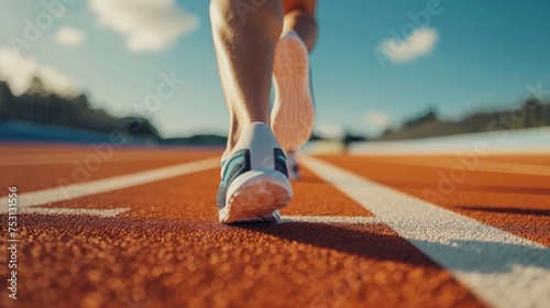 Fitness, sport, training, people and lifestyle concept - close up of feet running on sprint track from back.