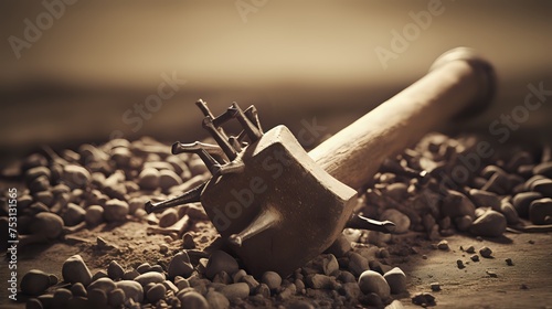 A sepia toned image of a hammer with nails driven photo