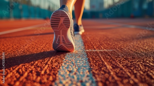 Fitness, sport, training, people and lifestyle concept - close up of feet running on sprint track from back.