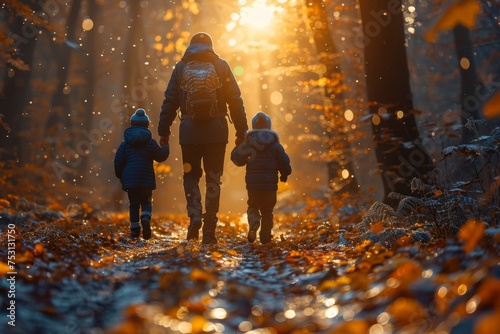 A family strolls down a leaf-covered path in a forest, with the setting sun casting a warm glow through the trees