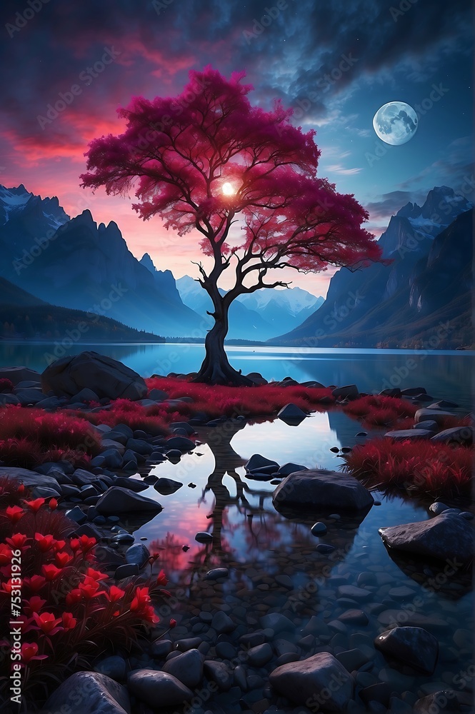 Photo of beautiful dark pink color tree in full moon night ai generative