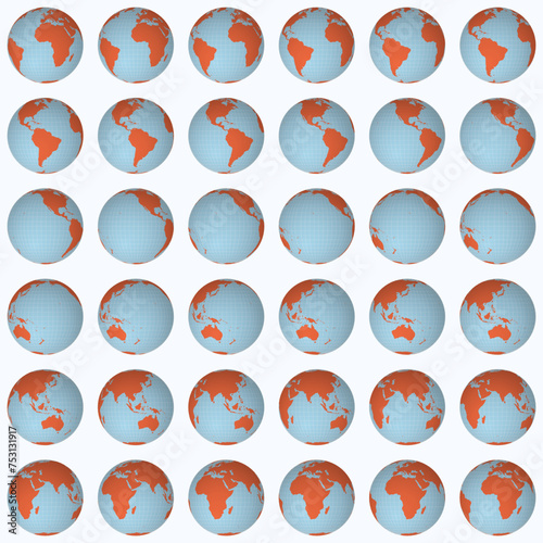 Collection of globes in a normal sphere view, rotated in 10-degree steps. Solid color style with a world map featuring dense graticule lines on a luminous background. Posh vector illustration.