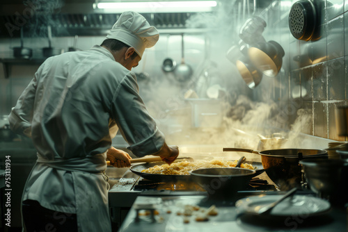 A chef in white uniform expertly prepares food in a steam-filled commercial kitchen with pots and pans visible..