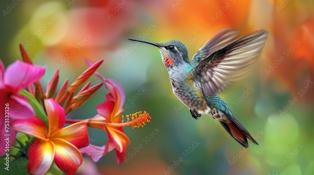 A vibrant hummingbird in flight, its wings blurred in motion, hovers close to colorful tropical flowers against a soft-focused background. A vibrant hummingbird in flight, its wings blurred in motion, hovers close to colorful tropical flowers against a soft-focused background.