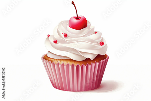 Sweet cartoonish cupcake with a cherry on top  against a blank white canvas  promising delicious moments and indulgence.