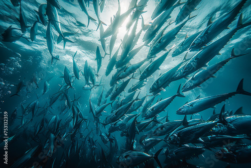 A dynamic underwater scene of a school of tuna fish moving swiftly through the sunlit blue ocean waters..