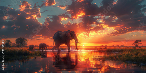 A herd of elephants walking through water with a stunning sunset backdrop in the African savannah.. © bajita111122