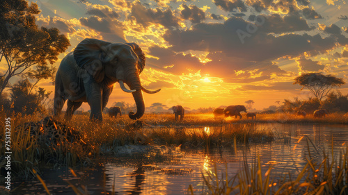 A herd of elephants walking through water with a stunning sunset backdrop in the African savannah.. © bajita111122