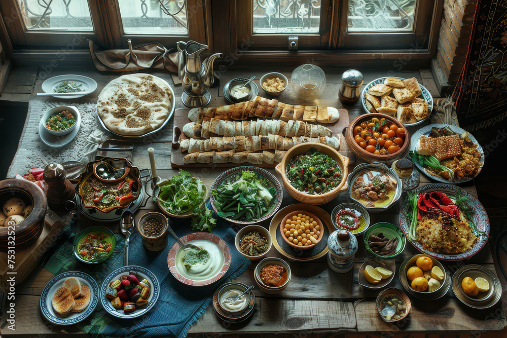 An inviting spread of various traditional dishes laid out on a rustic table, featuring a mix of vibrant colors and textures..