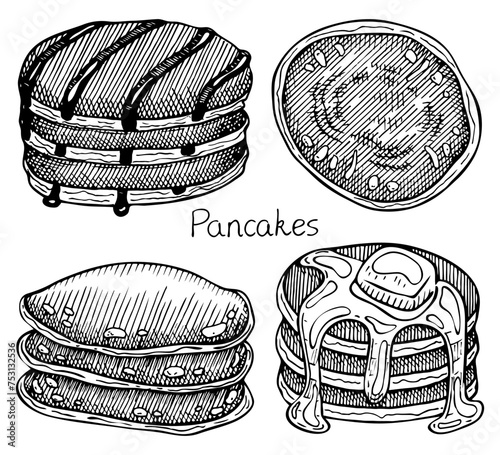 Set pancakes sketch. Bakery. Breakfast food. Dessert baked dough. Hand drawn vector illustration.