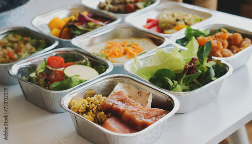 Nutritious meals. Vegetable salads and meat in aluminum boxes. Tasty food.