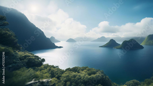 Beautiful panoramic view of the fjord and mountains. Generative AI.