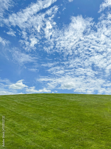 Obraz na plátně Freshly mowed grass field with bright blue sky