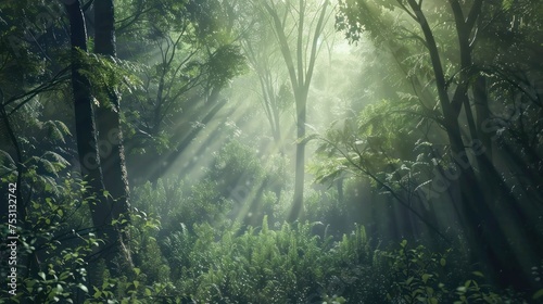 Morning light breaks through the mist  casting beams across a lush forest scene  evoking a sense of wonder.