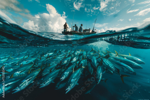 Fishermen on a small boat above a large school of fish captured in a stunning split underwater and above water shot in the open ocean.. © bajita111122