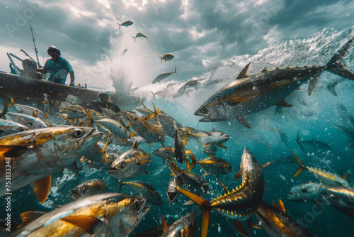 Dramatic underwater perspective of a large tuna with a fishing boat in the background, highlighting the excitement of sport fishing.. © bajita111122