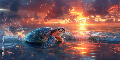 A majestic sea turtle is seen entering the ocean, with the dramatic backdrop of a vibrant sunset and soaring birds.. © bajita111122