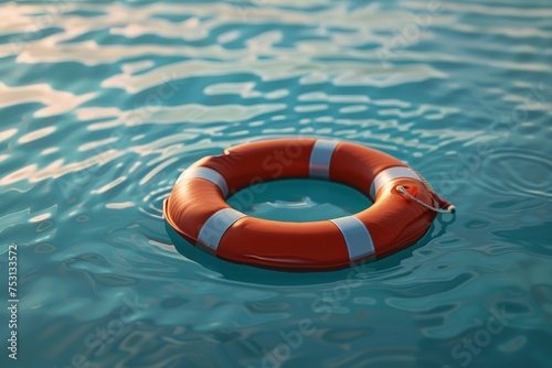 A red and white life preserver buoy floating on the surface of calm water.