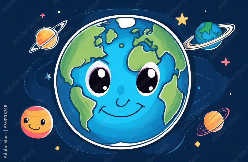 Cartoon planet earth smiling. On a blue background with other planets. World environment day and Eco-friendly concept. Save the world illustration. Earth day post greeting. Cartoon planet earth smiling. On a blue background with other planets. World environment day and Eco-friendly concept. Save the world illustration. Earth day post greeting.