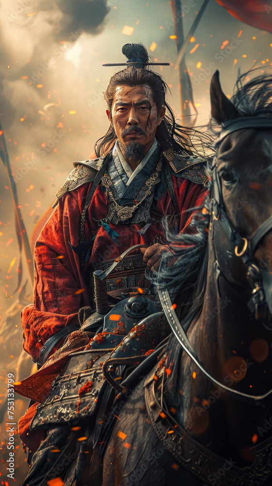 Fototapeta premium Epic scene: Goryeo general, mounted soldier, smoke, fireworks.generative ai