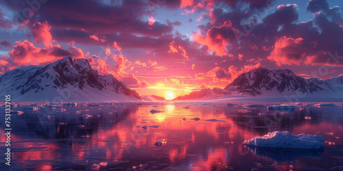 A spectacular arctic sunset paints the sky and icy waters with hues of pink and orange  with majestic snow-covered mountains in the backdrop..