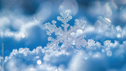 A close-up of a unique snowflake showing its complex symmetrical structure