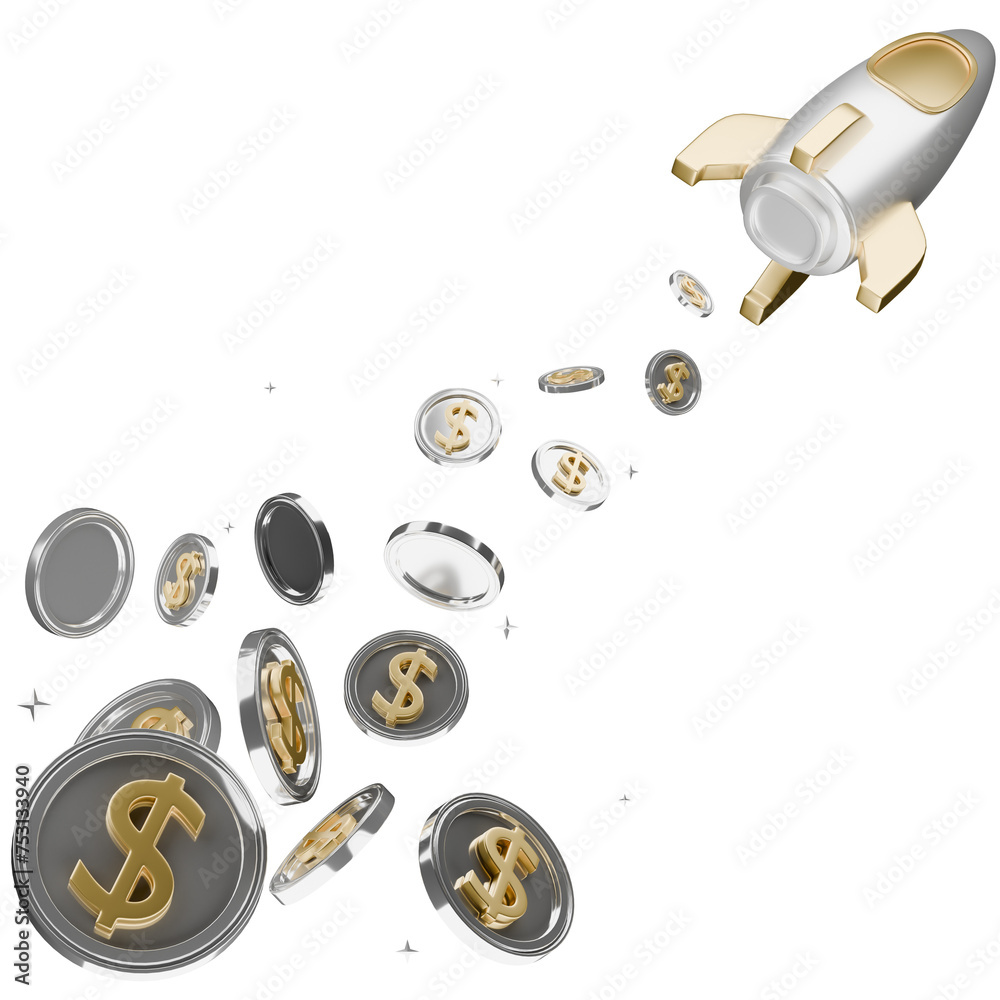 3d rendering metallic flying dollar coins with golden rocket. Concept of business startup and trade growth. 3D illustration.