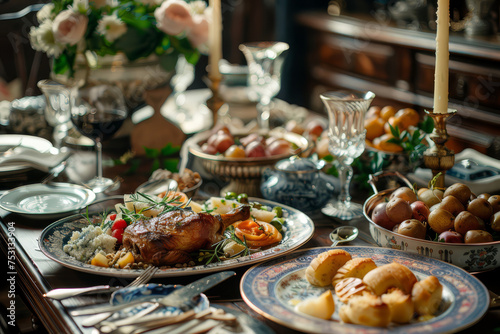 A classic dining table set with a succulent roasted chicken, sides of vegetables and bread, crystal glassware, and candlelight, creating an inviting and elegant meal ambiance..