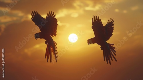 The silhouette of two parrots in flight, wings spread wide, against the radiant backdrop of a setting sun.