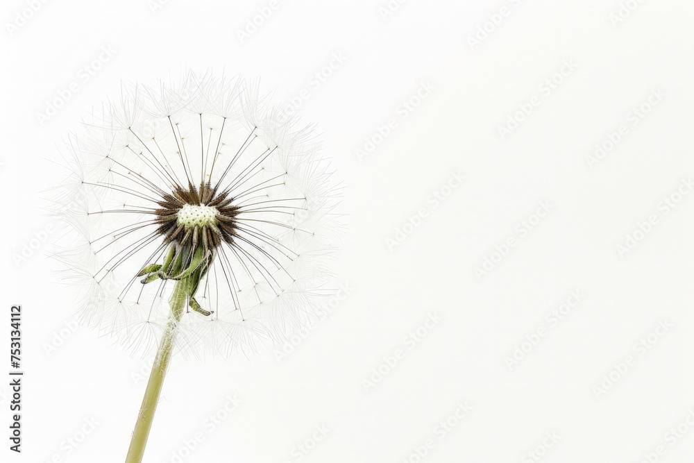 Fototapeta premium A dandelion seed head is being blown by the wind against a white background.