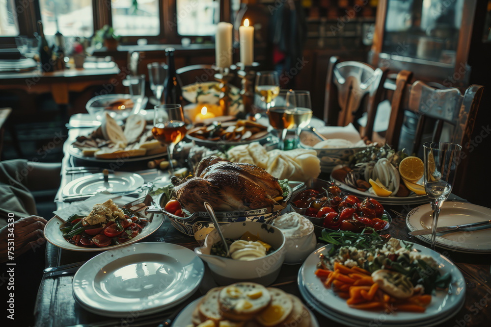Fototapeta premium A classic dining table set with a succulent roasted chicken, sides of vegetables and bread, crystal glassware, and candlelight, creating an inviting and elegant meal ambiance..